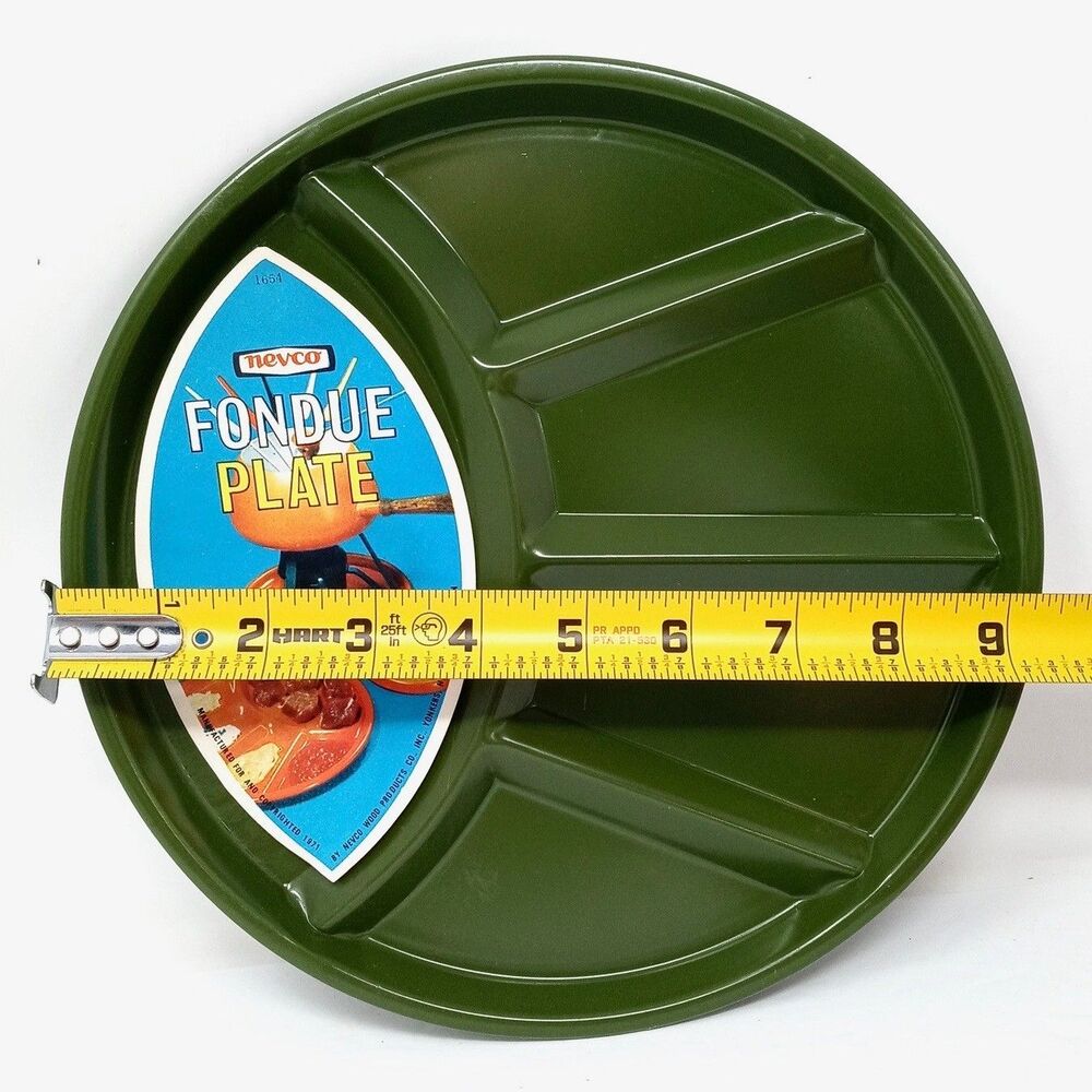 NEW Vintage 70s Nevco MCM Fondue Plates Divided Enamel 9.25" Orange & Green Set - Picture 7 of 9